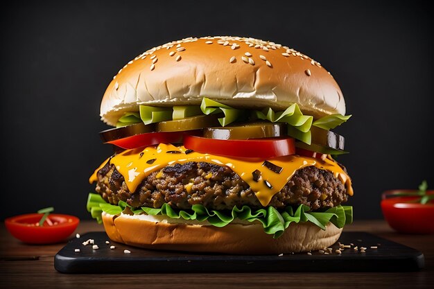 Perfecte kaasburger met groenten op een houten tafel en een zwarte achtergrond.