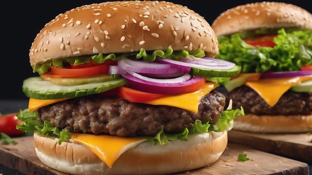 Perfecte kaasburger met groenten op een houten tafel en een zwarte achtergrond.