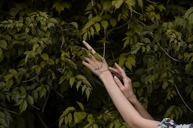 perfecte lange vrouw hand in bos groene bladeren