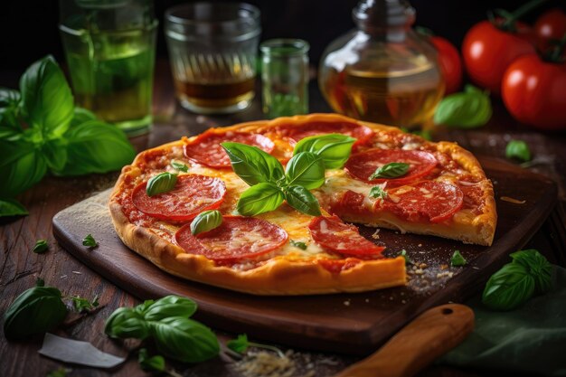 Perfecte margarita pizza met verse saus en gouden pepperoni generatieve IA