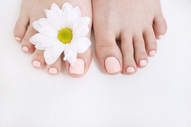 Perfecte naakt pedicure op witte achtergrond en lentebloem. Vrouwelijke voeten bovenaanzicht met vrije ruimte. Resultaat van de spa salon procedure