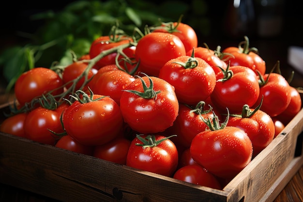 Perfecte rijpe verse tomaten in houten kist in de zomertuin