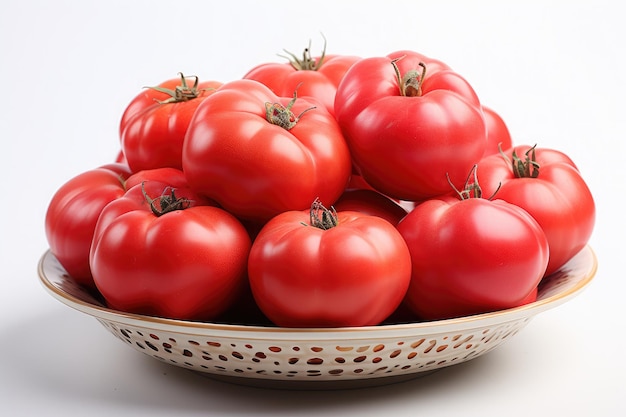 Perfecte rijpe verse tomaten in schotel die op witte achtergrond wordt geïsoleerd