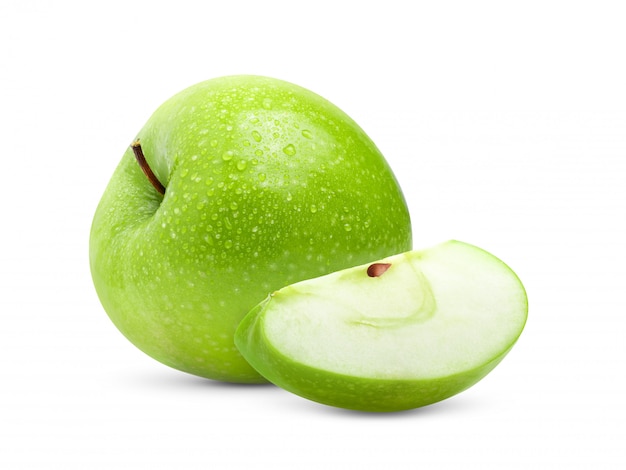 Perfecte verse groene appel met waterdruppel in volledige scherptediepte