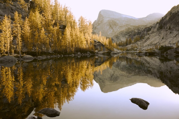 가을에는 바위와 나무로 둘러싸인 마법 호수의 완벽한 호수