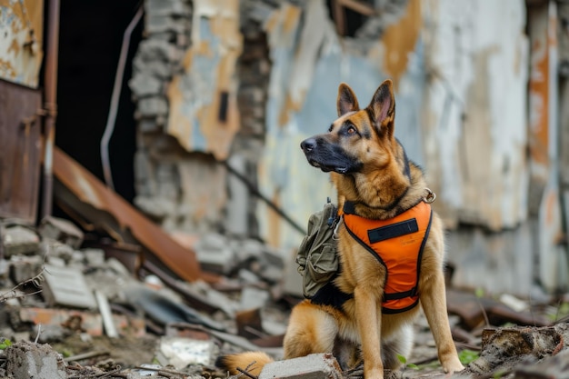 Perfectly Centered Photo Of Search And Rescue Canine Wearing Vest Inspecting DebrisFilled Structure