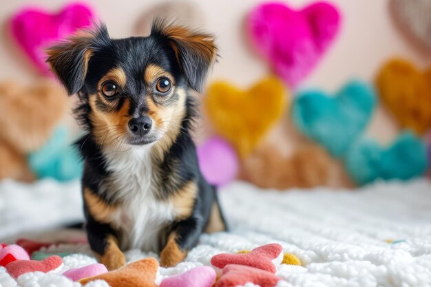 Foto foto perfettamente centrata con decorazioni di cuori simmetrici con un colorato cane peloso su una frusta