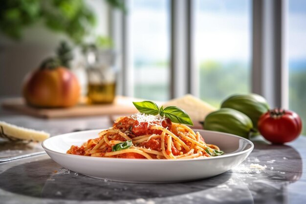 Foto pasta di linguine perfettamente cotta con salsa di pomodoro e basilico