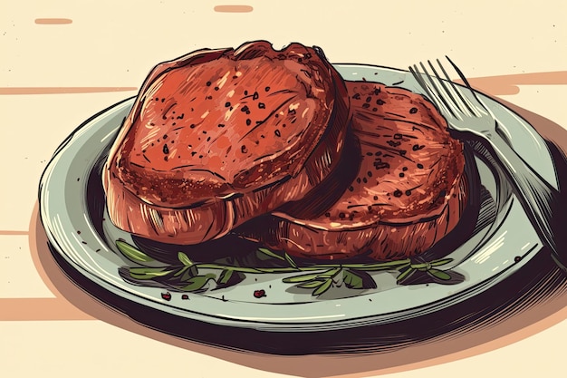 Perfectly cooked steak with a knife and fork on a plate Generative AI
