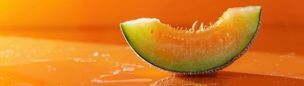 A perfectly cut slice of fresh melon presented on a vibrant orange background