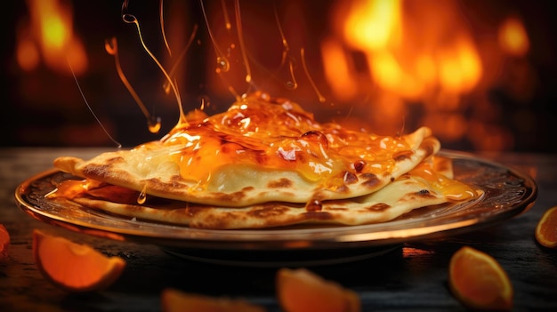 Perfectly flambeed crepes Suzette orange and flames in the foreground Generative AI