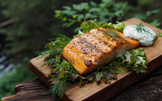 Foto salmone perfettamente grigliato su una tavola di legno con erbe fresche e salsa cremosa