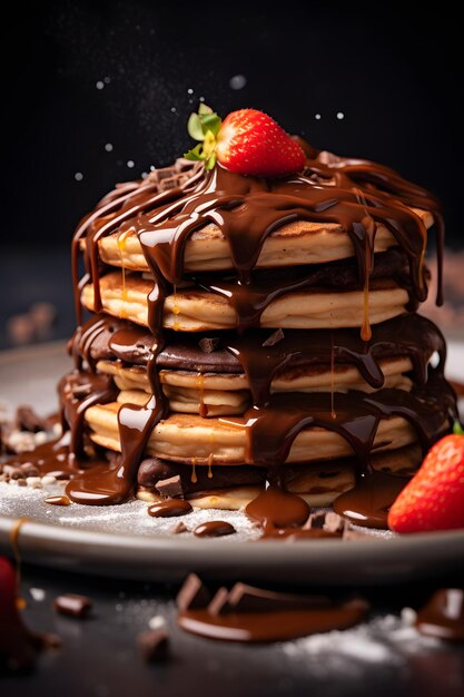 Perfectly melted chocolate drizzled over a stack of fluffy pancakes