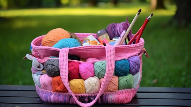 Premium AI Image  A perfectly organized knitting or crocheting bag with  yarns and needles sorted