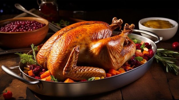 A perfectly roasted turkey surrounded by colorful vegetables and herbs served with a side of cranberry and gravy