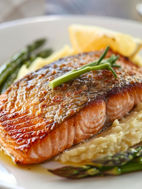 Foto il salmone perfettamente cotto presentato su un mucchio di purè di patate con asparagi vivaci combina sapori classici in una composizione culinaria moderna