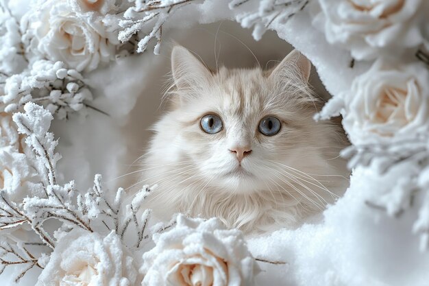 Photo a perforated white wall roses and vines around the hole on the wall a ragdoll cat in the hole looking out generative ai