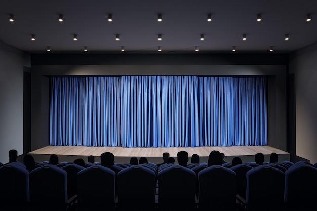 ホールの3Dレンダリングモックアップの座席に空白の青い舞台裏と観客がいる空のプラットフォームを備えたパフォーマンスコンセプト