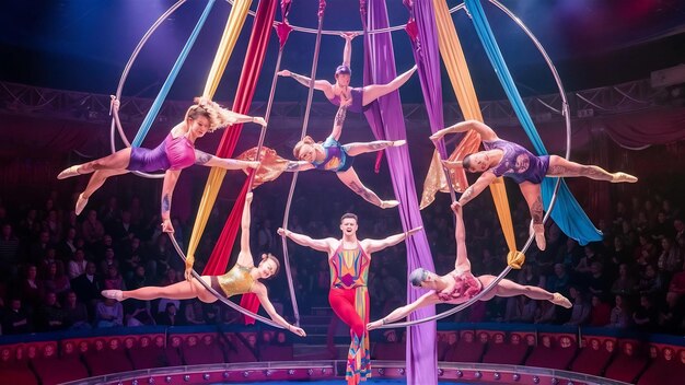 写真 performance of aerialists in the circus arena