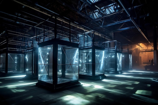 Performance space in aged warehouse several lit stages laser light system 3D depicted no workers