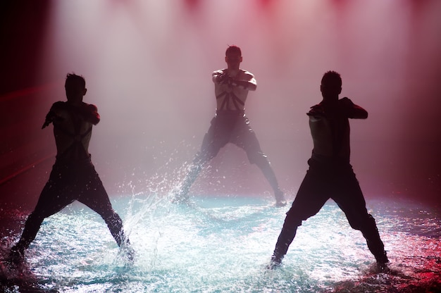 Performance on the water of a dance group against club light.