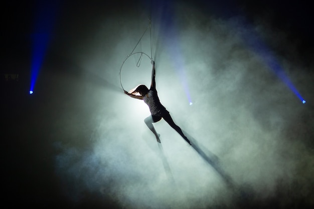 Performances of artists at a height under the dome of the circus

