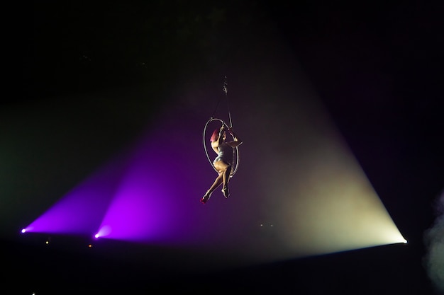 Performances of artists at a height under the dome of the circus


