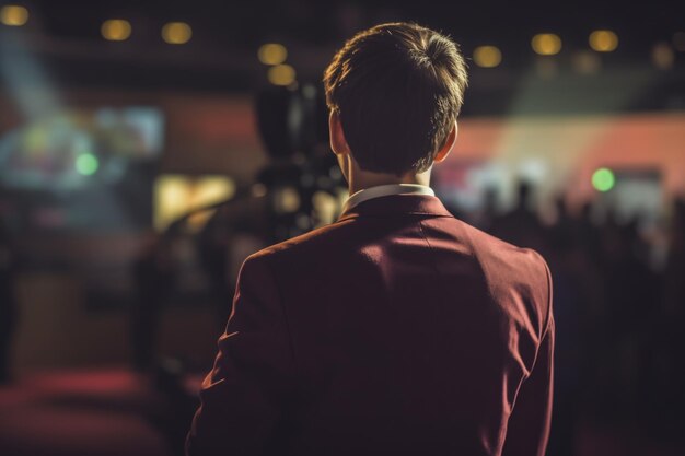 Performer op het podium terug naar het publiek onder de verblindende schijnwerpers geven het hun alles