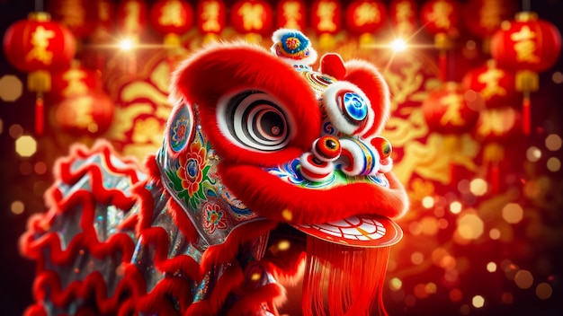 Исполнение танца льва на фестивале китайского Нового года фона ИИ Создать изображение
