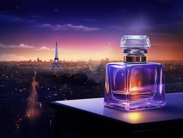 Perfume ads eiffel tower and city skyline ai generative