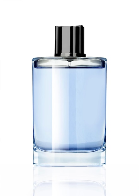 Perfume blue glass bottle isolated on white background