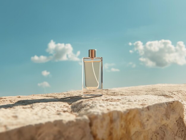 Perfume Bottle Against Sky and Stone Backdrop Generative AI