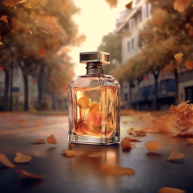 Perfume bottle in autumn background