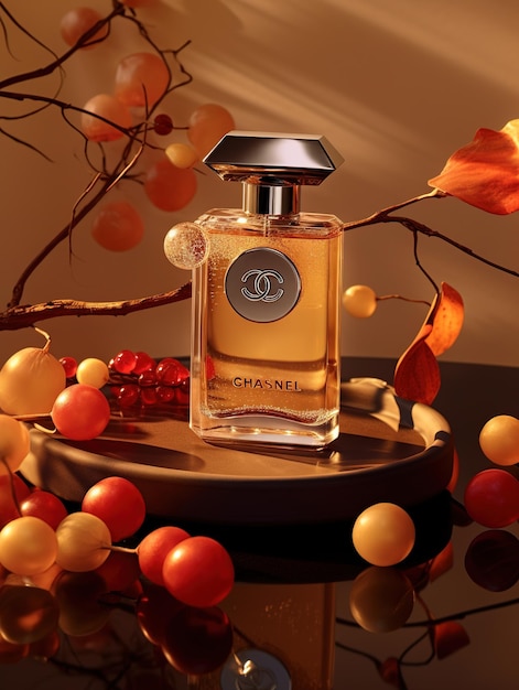 Perfume bottle in autumn background