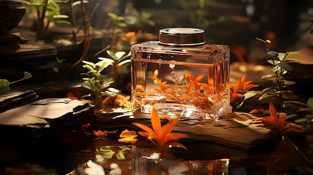 Perfume bottle on the background of a beautiful landscape with flowers surround by water