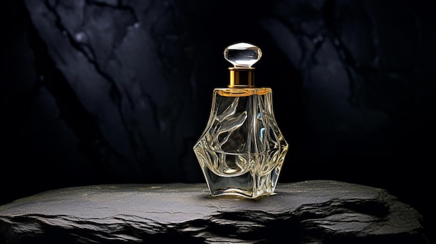 perfume bottle on a background of black stones