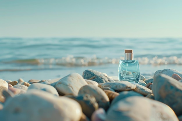 Photo perfume bottle on beach with ocean background selective perfumery