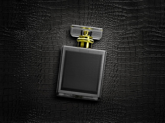 Perfume bottle on a black leather background