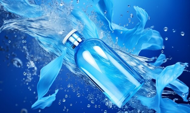 Perfume bottle under blue water background with copy space fresh sea scent