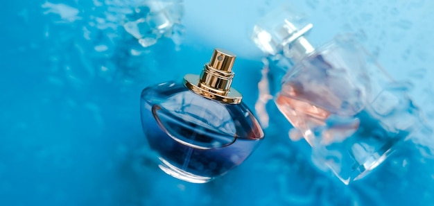 Perfume bottle under blue water fresh sea coastal scent as glamour fragrance and eau de parfum product as holiday gift luxury beauty spa brand present