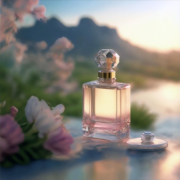 Perfume bottle in the center in the foreground stands on a table with gloss