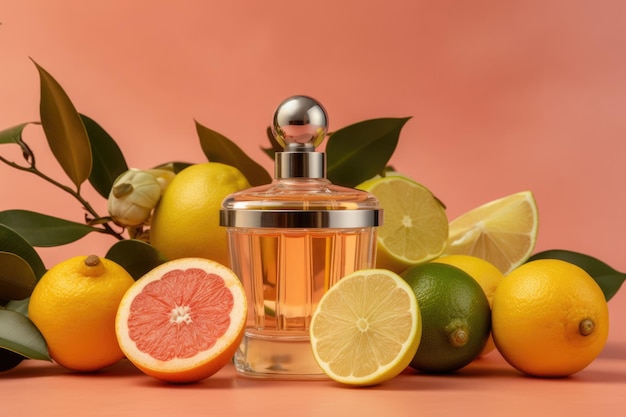 Perfume bottle on citrus background AI generated