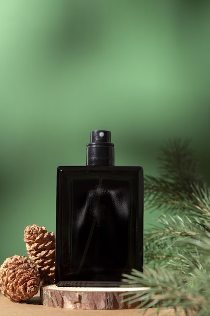 Perfume bottle and fir branches and pine cones concept of
expensive perfume and cosmetics floral fragrance for women perfume
spray