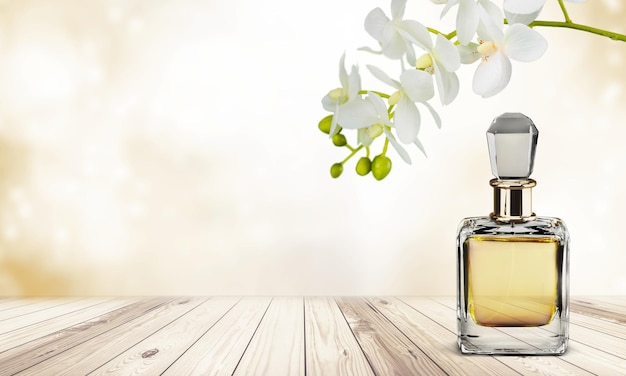 Perfume bottle and flowers on  background.
