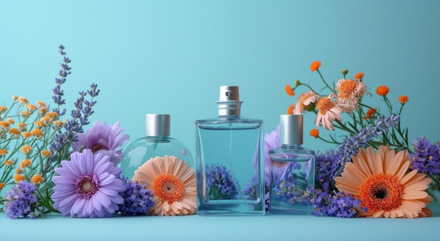 perfume bottle and flowers on blue background