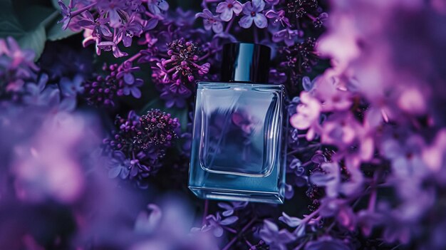 Perfume bottle in flowers fragrance on blooming background floral scent and cosmetic product idea