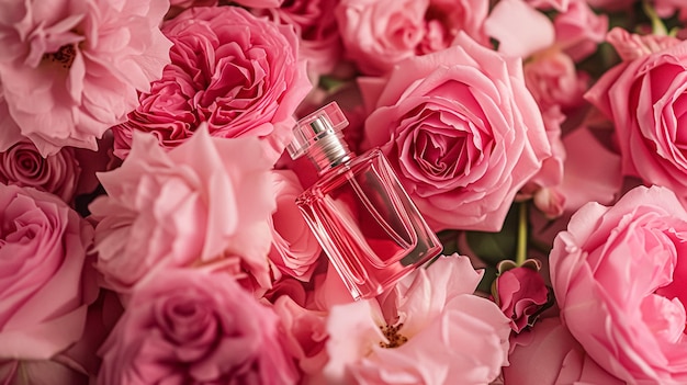 Photo perfume bottle in flowers fragrance on blooming background floral scent and cosmetic product idea