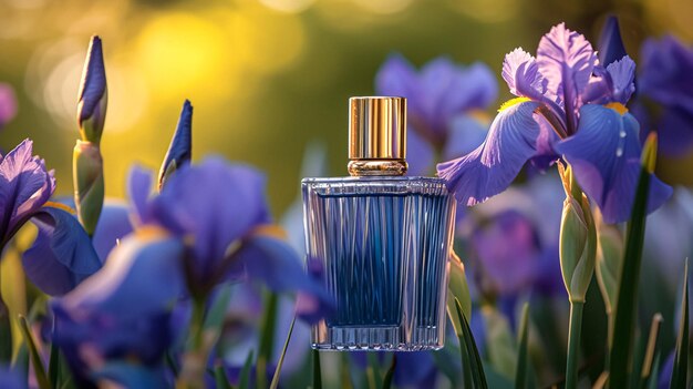 Perfume bottle in flowers fragrance on blooming background floral scent and cosmetic product