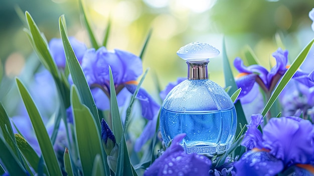Парфюмерная бутылка в цветах аромат на цветущем фоне цветочный аромат и косметический продукт