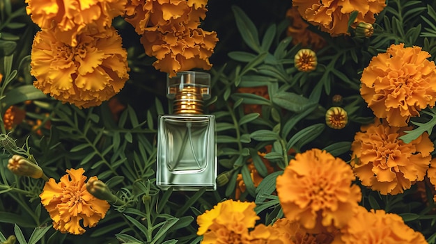 Perfume bottle in flowers fragrance on blooming background floral scent and cosmetic product